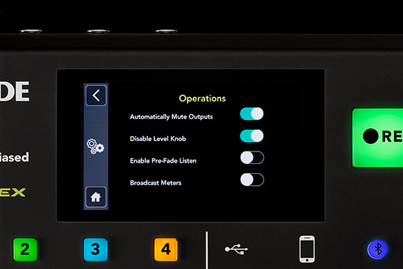 RØDECaster Pro Operations menu with Automatically Mute Outputs and Disable Level Knob activated