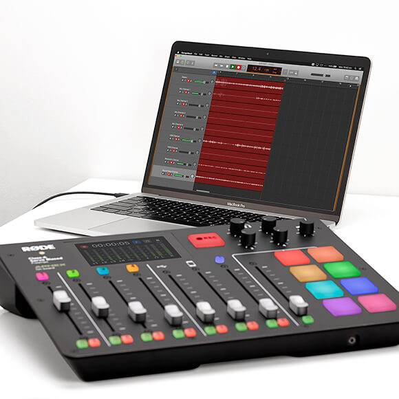 RØDECaster Pro connected via USB to MacBook Pro with GarageBand on screen