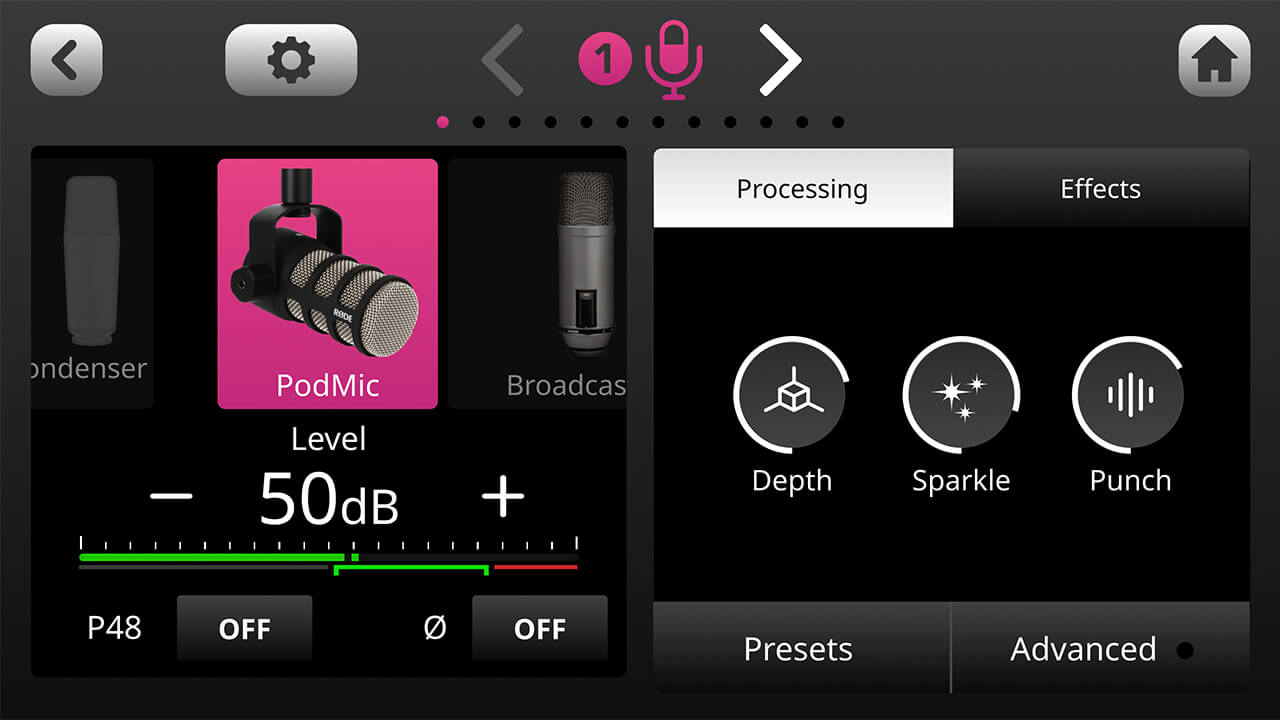 RØDECaster Pro II processing interface screen with PodMic selected