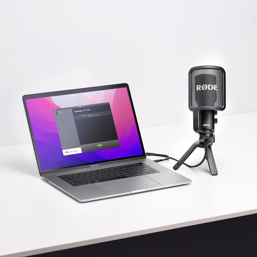 NT-USB+ on white desk connected to MacBook Pro showing RØDE Central