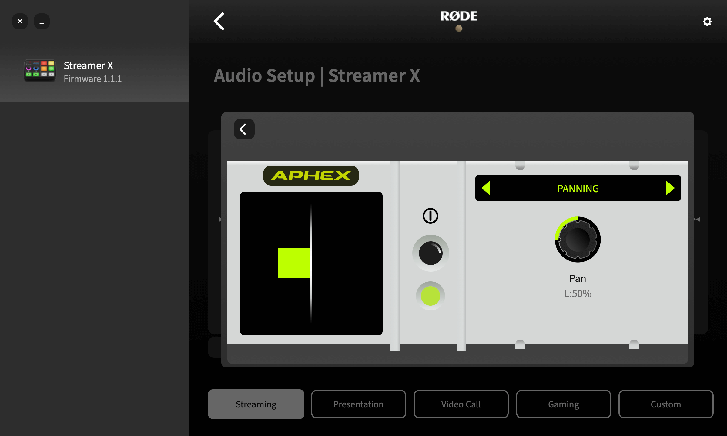 RØDE Central showing Streamer X panning settings