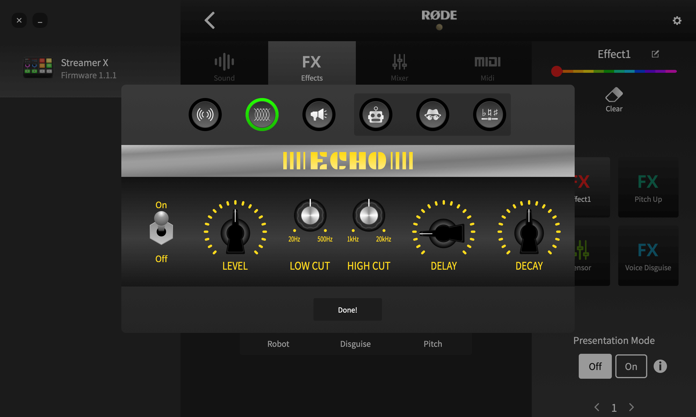 RØDE Central showing Streamer X echo settings