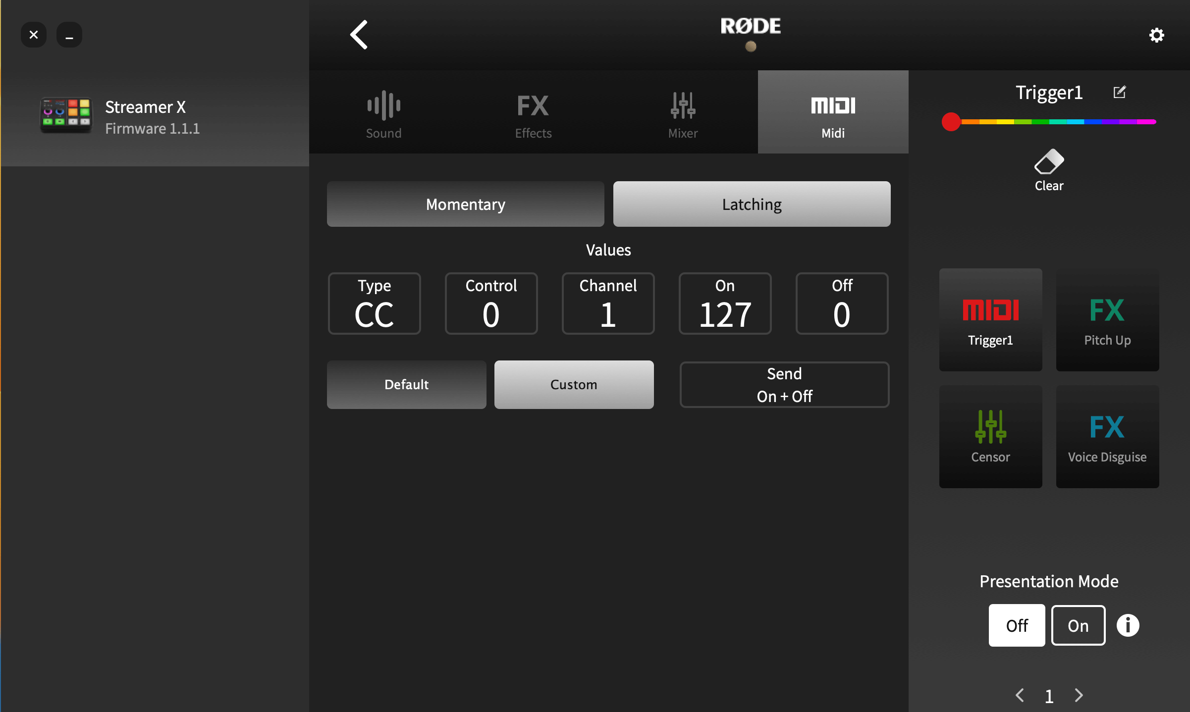 RØDE Central showing Streamer X MIDI triggers setting