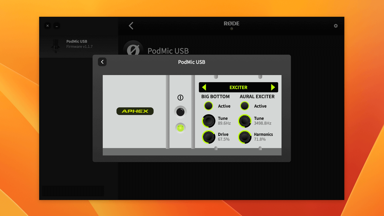 RØDE Central showing audio processing for PodMic USB