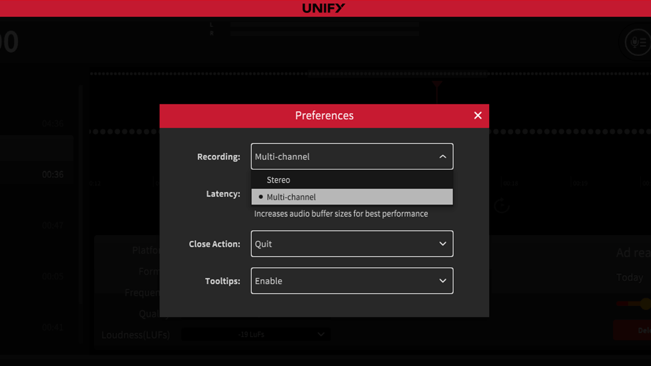 UNIFY multitrack preferences settings