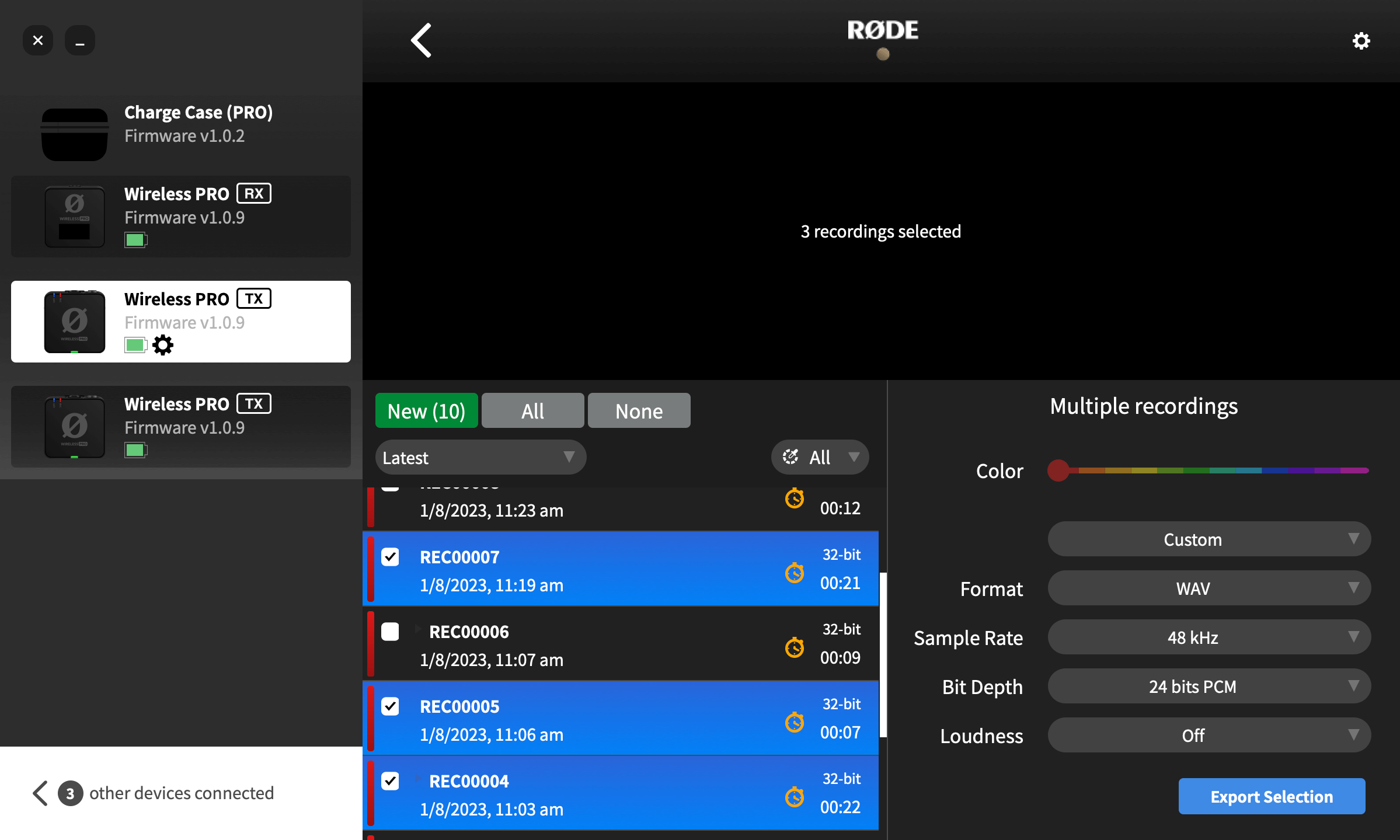 Wireless PRO batch export settings in RØDE Central