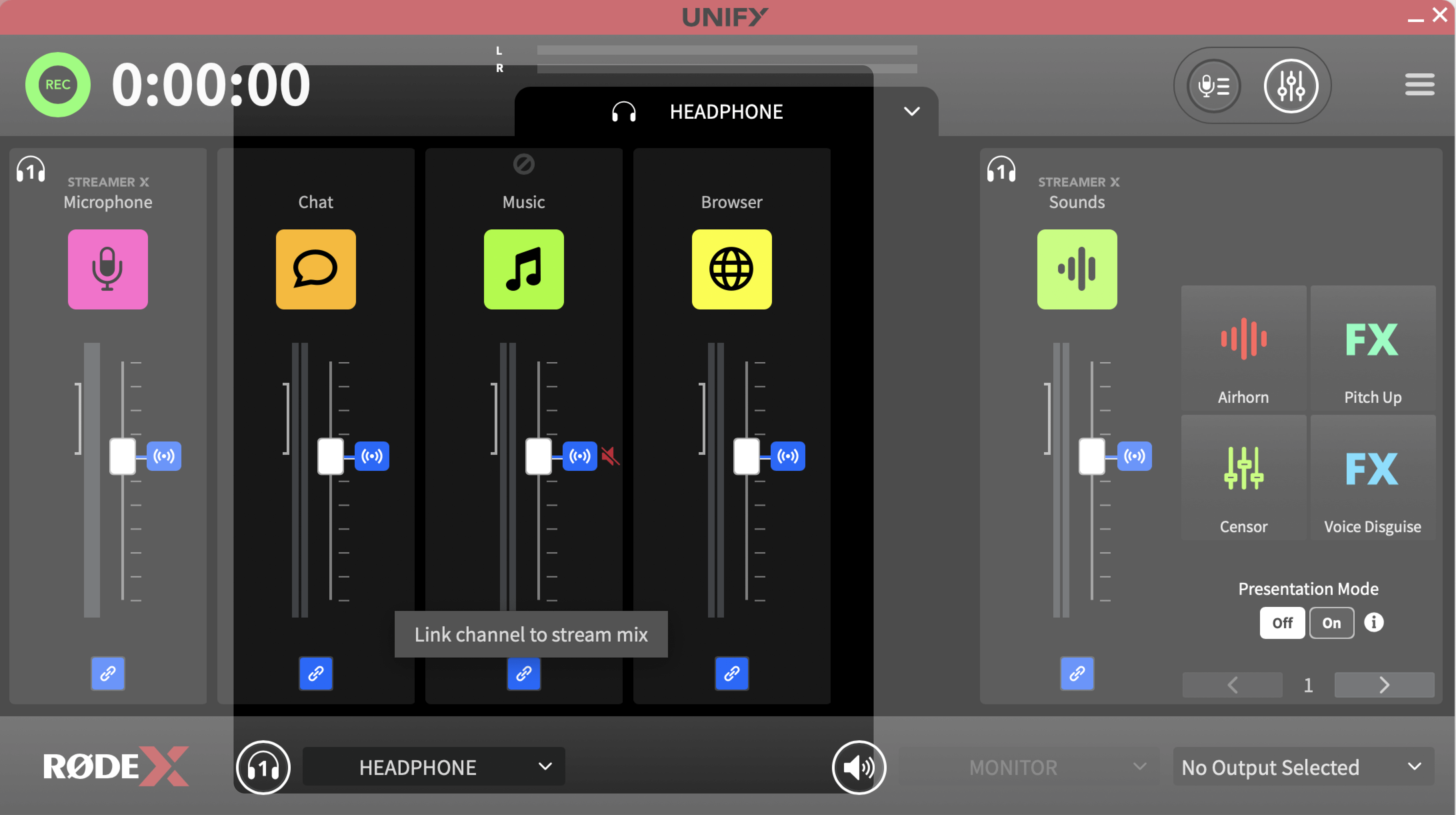 Button in UNIFY to link channel to stream mix
