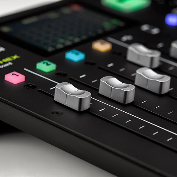 RØDECaster Pro microphone channel faders and channel buttons
