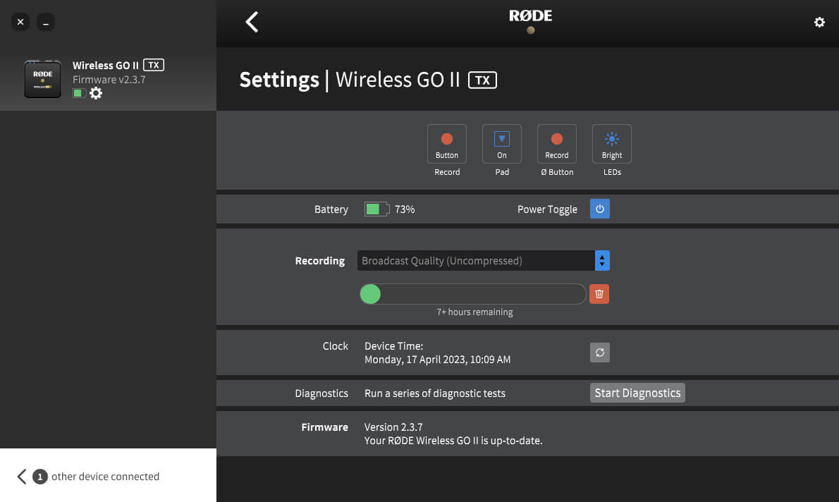 RØDE Central showing Wireless GO II on-board recording function