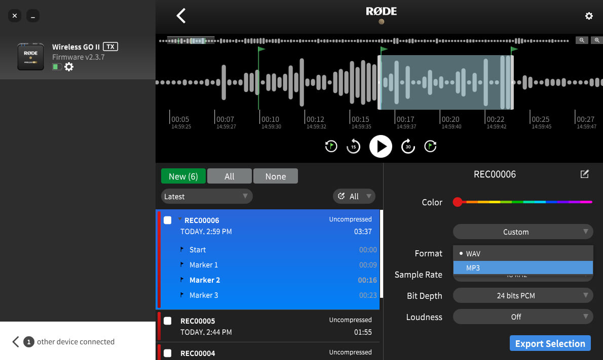 RØDE Central showing export selection on Wireless GO II recording